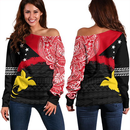 Papua Off Shoulder Sweatshirt Melanesian Flag With Coat Of Arms
