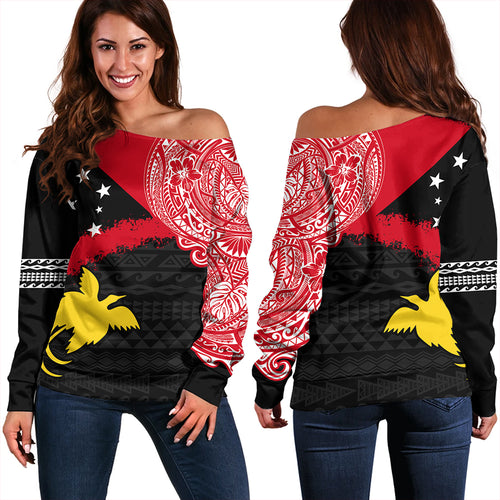 Papua Off Shoulder Sweatshirt Melanesian Flag With Coat Of Arms
