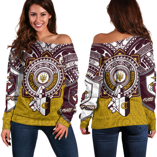 Hawaii Off Shoulder Sweatshirt Custom James B. Castle High School Super Castle Knights Tribal Style