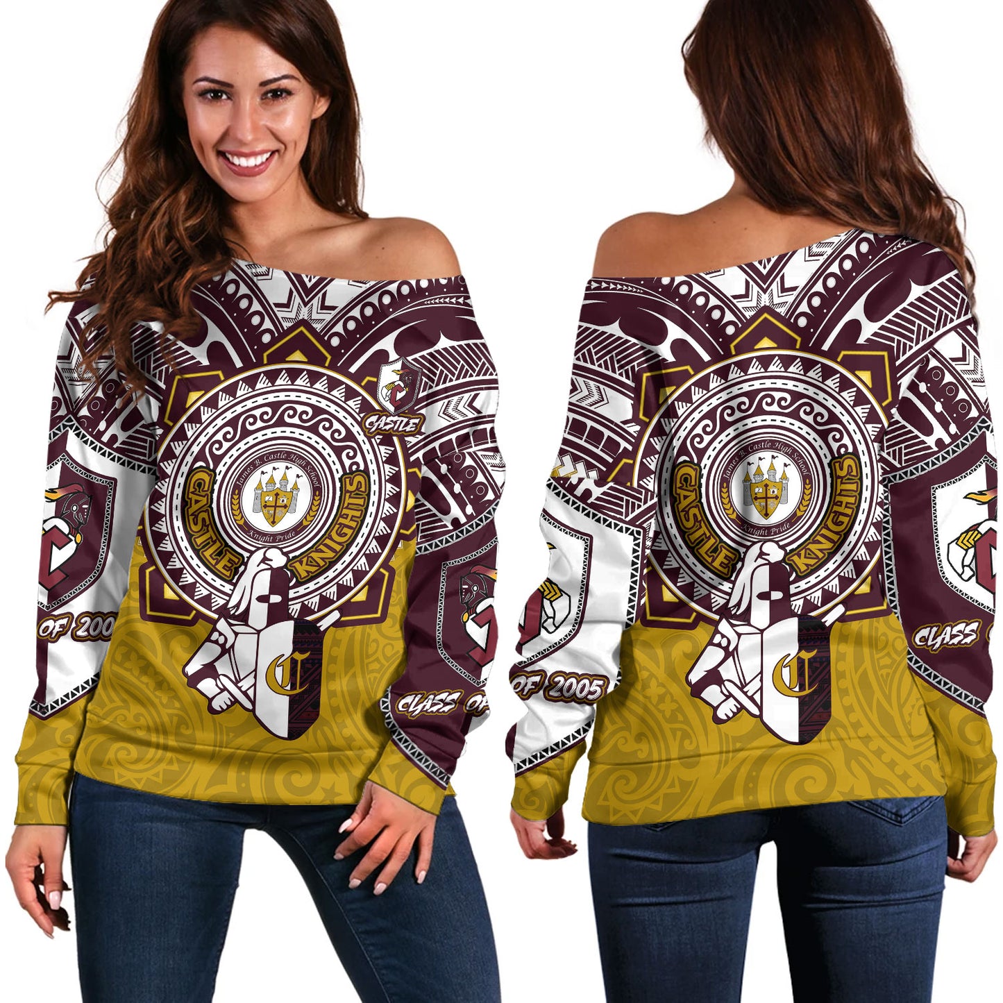 Hawaii Off Shoulder Sweatshirt Custom James B. Castle High School Super Castle Knights Tribal Style