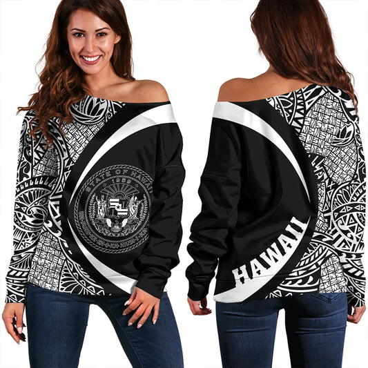 Hawaii Off Shoulder Sweatshirt Coat Of Arm Lauhala White Circle