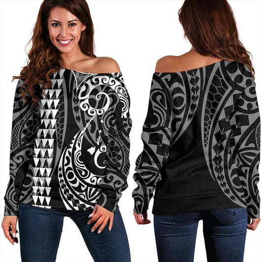 Hawaii Off Shoulder Sweatshirt Hawaiian Map Kakau Style White