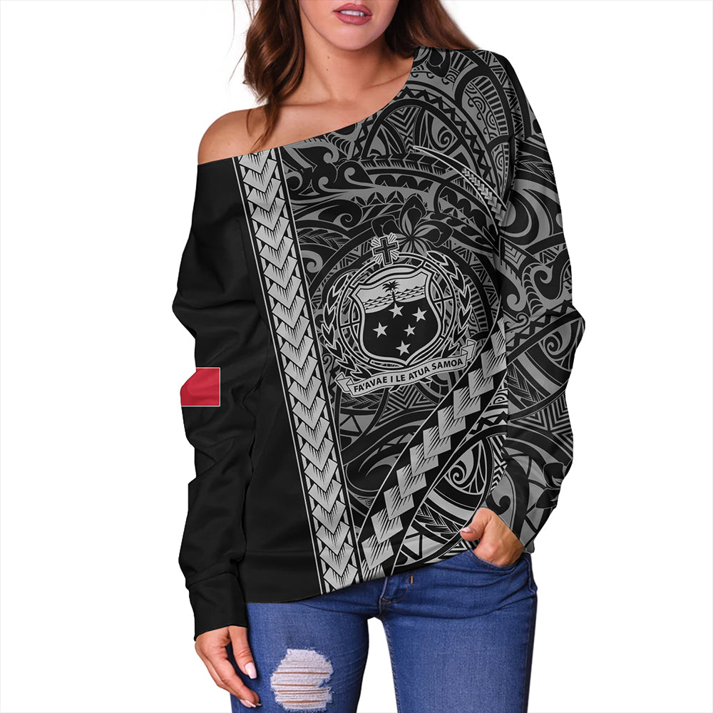 Samoa Off Shoulder Sweatshirt Tribal Polynesian Coat Of Arms White