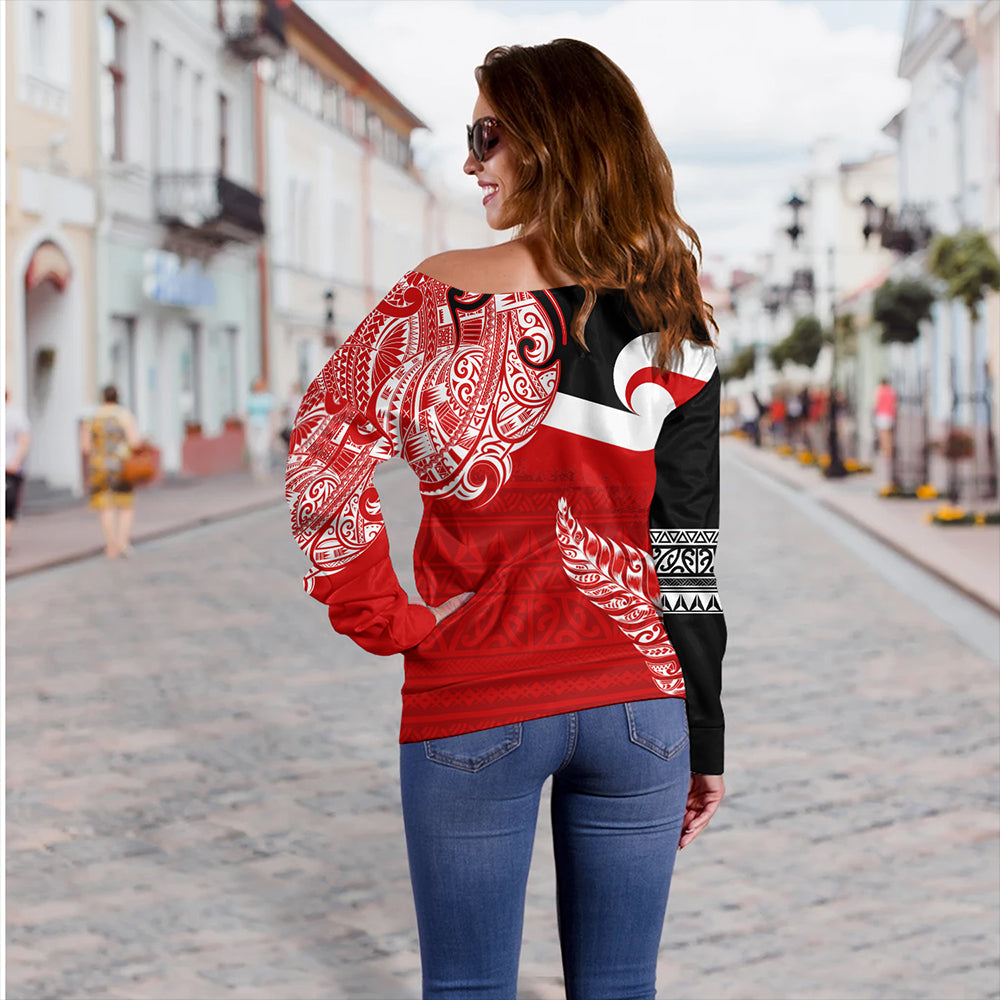 New Zealand Off Shoulder Sweatshirt Tino Rangatiratanga Maori With Silver Fern