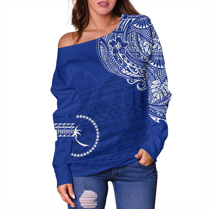 Chuuk Off Shoulder Sweatshirt Polynesian Flag With Coat Of Arms