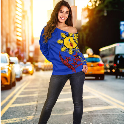 Philippines Off Shoulder Sweatshirt Tribal Sun In My Heart Color Flag Style