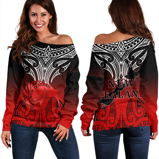 New Zealand Off Shoulder Sweatshirt Maori Kiwi Bird Symbols Map
