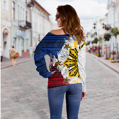 Philippines Off Shoulder Sweatshirt Filipino Sun Flag Grunge Style