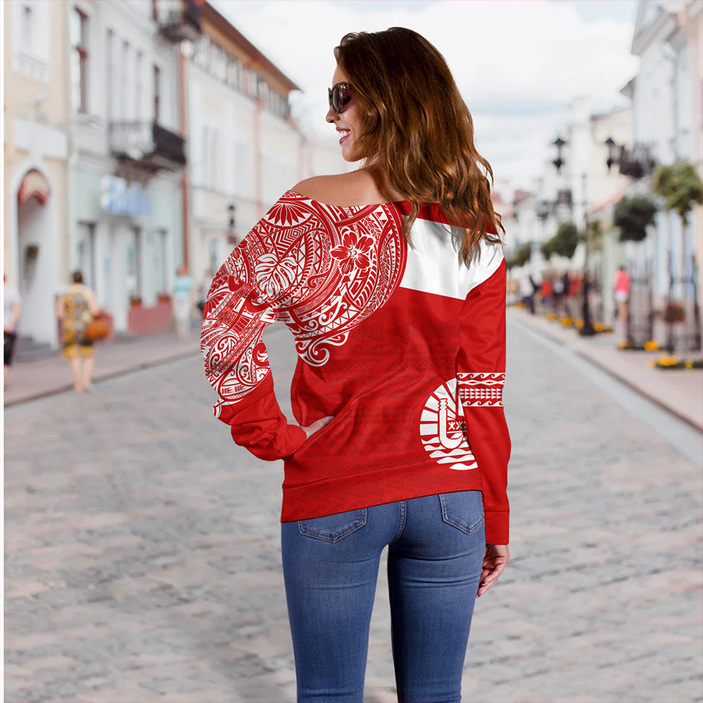 Polynesian Off Shoulder Sweatshirt Tahiti Flag With Coat Of Arms