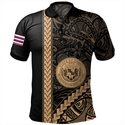 Hawaii Polo Shirt Tribal Polynesian Coat Of Arms Gold