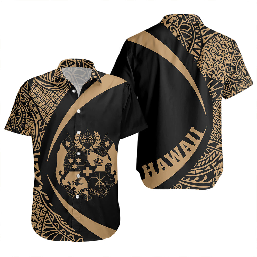 Tonga Short Sleeve Shirt Coat Of Arm Lauhala Gold Circle