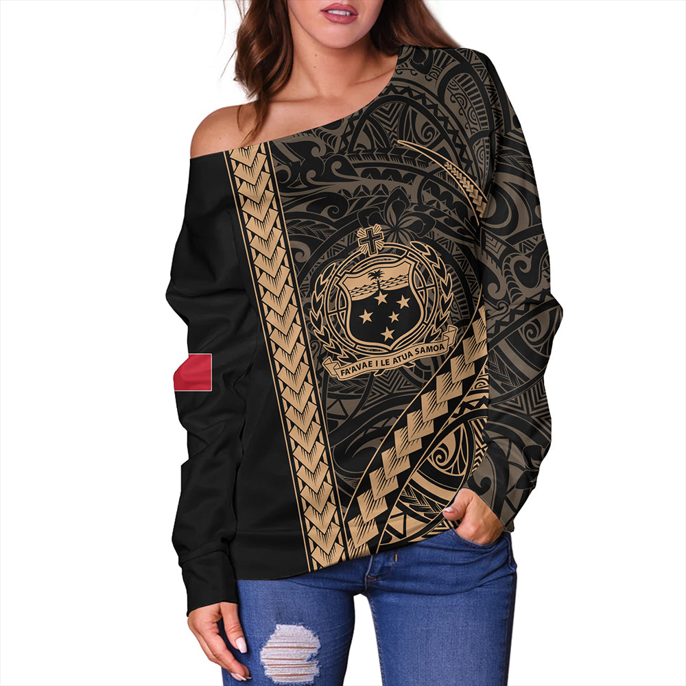 Samoa Off Shoulder Sweatshirt Tribal Polynesian Coat Of Arms Gold