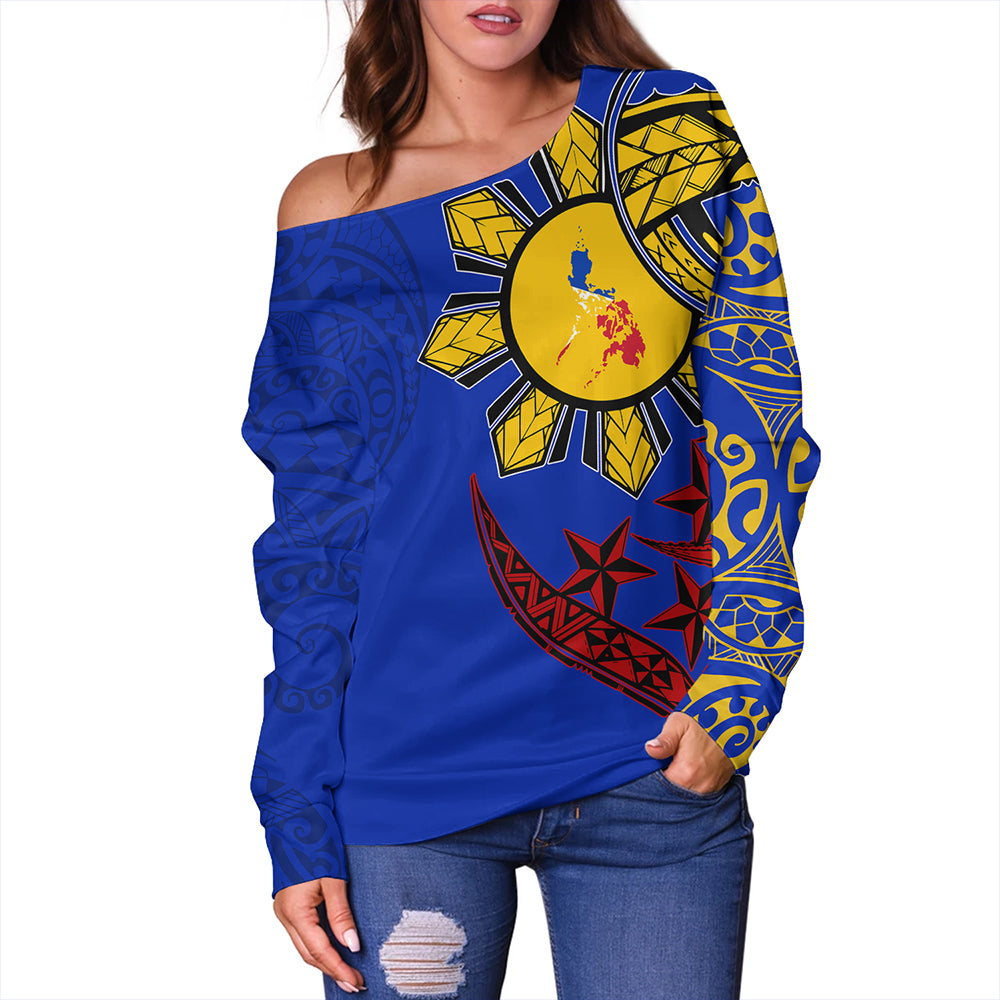 Philippines Off Shoulder Sweatshirt Tribal Sun In My Heart Color Flag Style