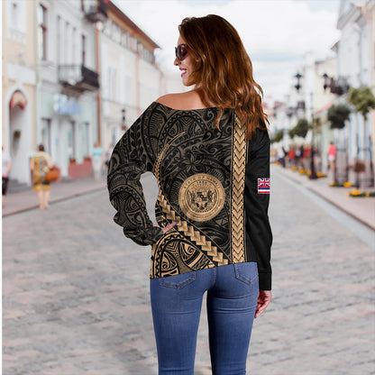Hawaii Off Shoulder Sweatshirt Tribal Polynesian Coat Of Arms Gold