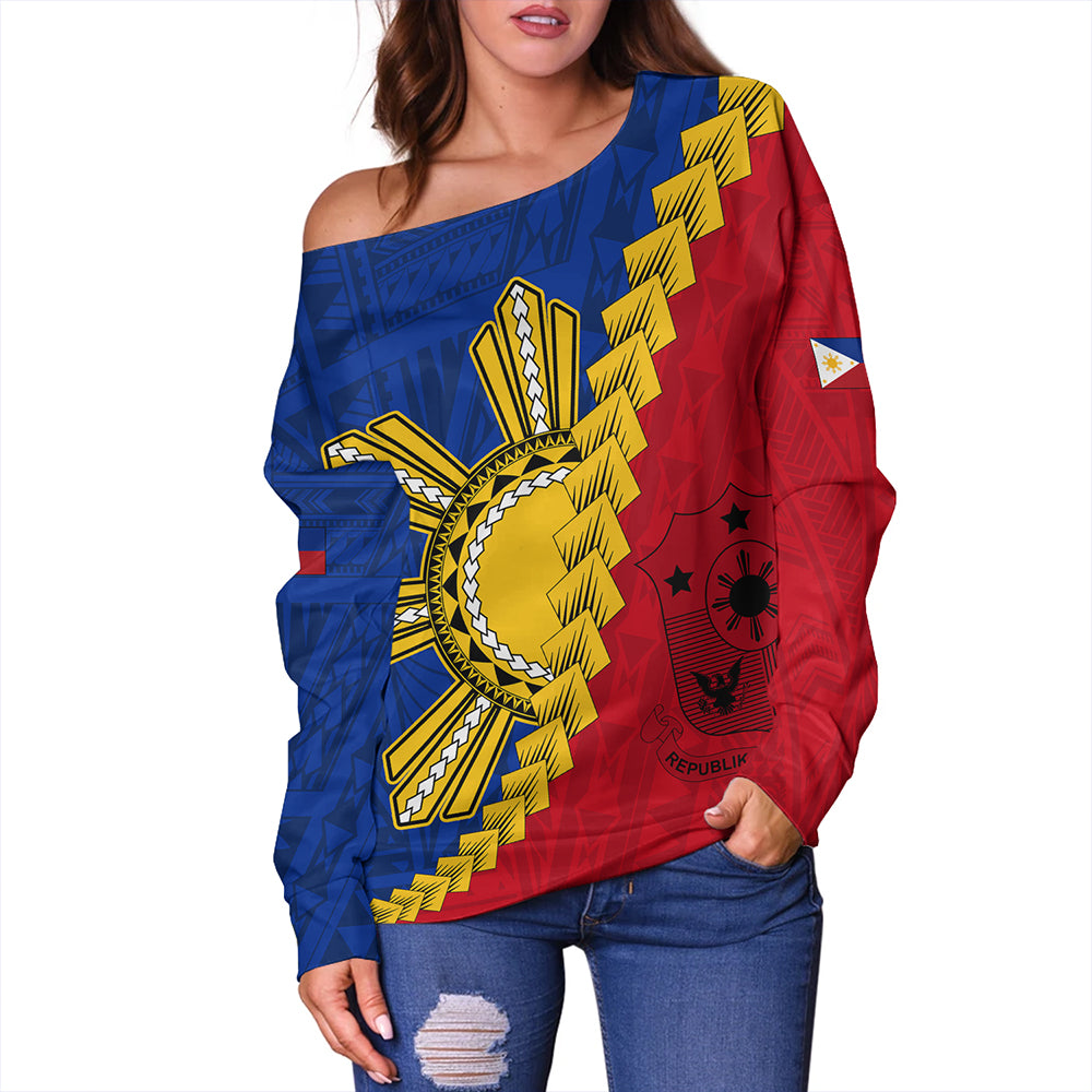 Philippines Off Shoulder Sweatshirt Philippines Sun Polynesian With Flag