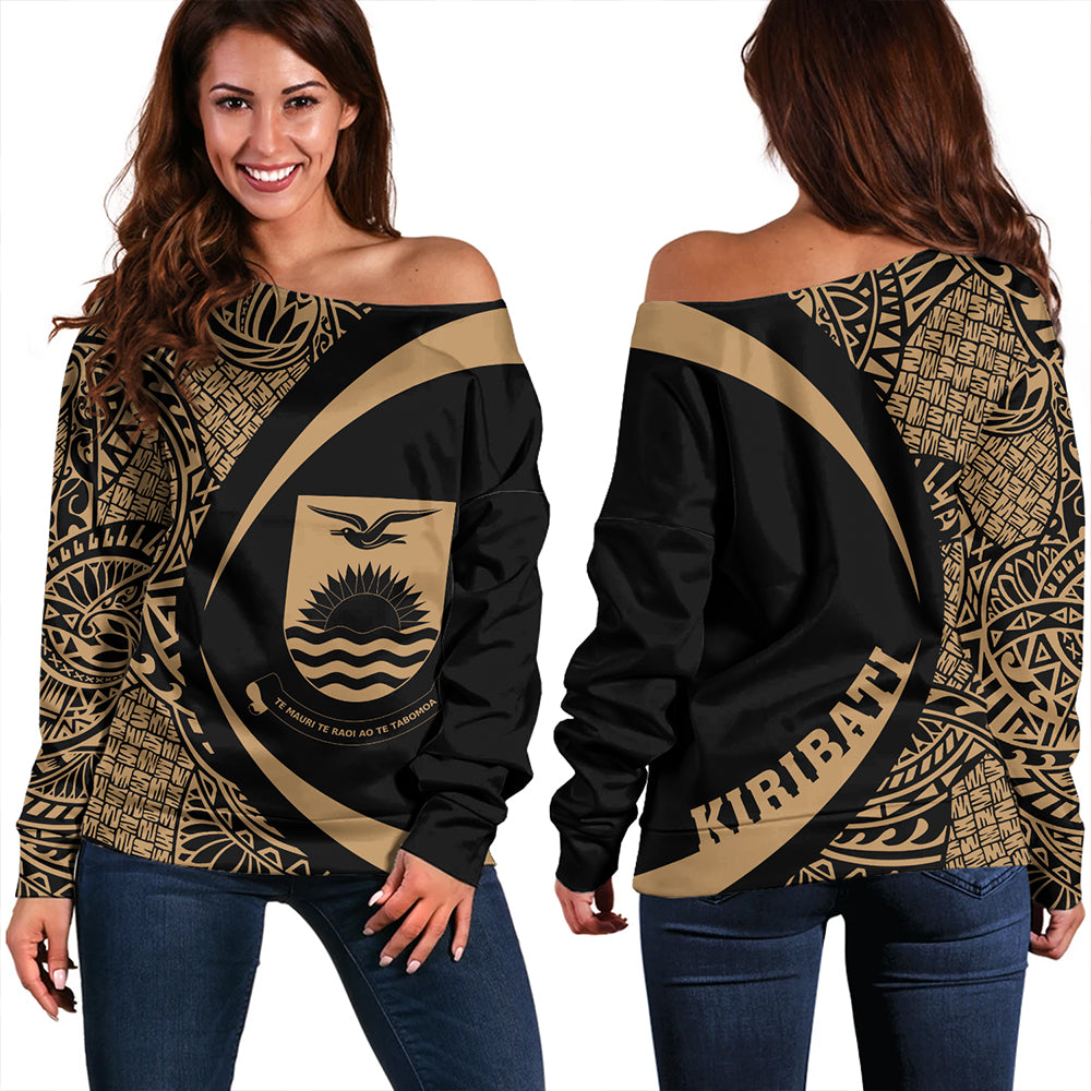 Kiribati Off Shoulder Sweatshirt Coat Of Arm Lauhala Gold Circle