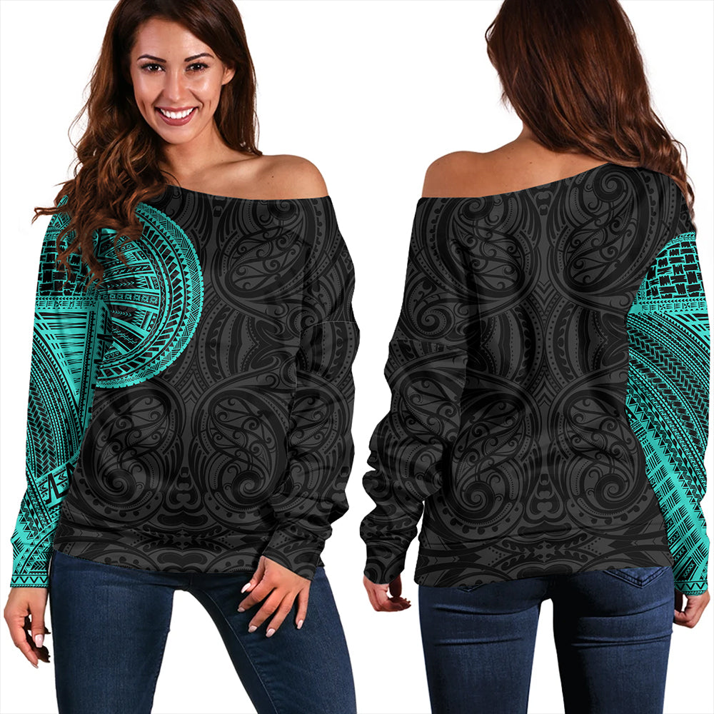 Samoa Tribal Maori Tattoo Roman Reigns Off Shoulder Sweatshirt Turquoise
