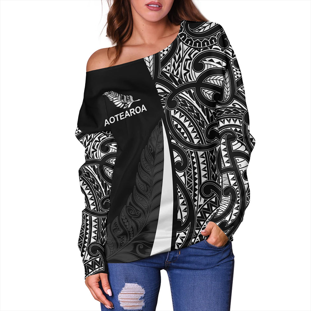 New Zealand Off Shoulder Sweatshirt Country Aotearoa Maori Pattern Silver Fern