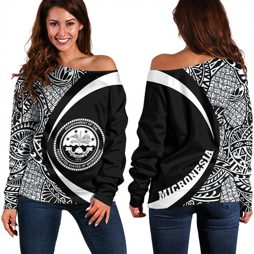 Federated States of Micronesia Off Shoulder Sweatshirt Coat Of Arm Lauhala White Circle