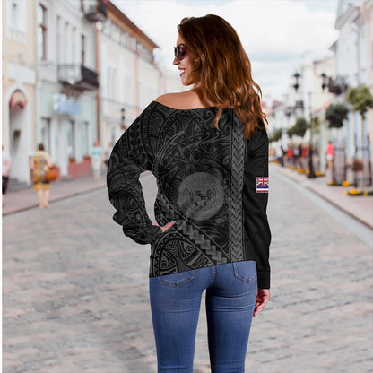 Hawaii Off Shoulder Sweatshirt Tribal Polynesian Coat Of Arms Gray