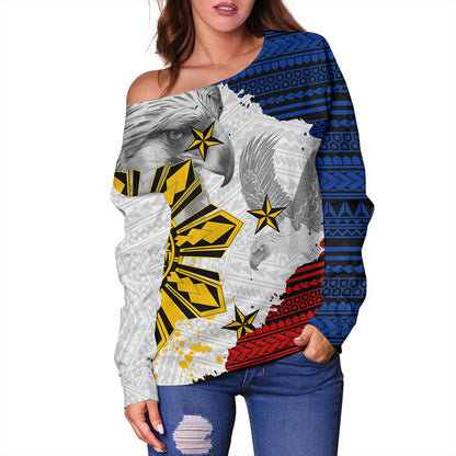 Philippines Off Shoulder Sweatshirt Eagles Filipino Sun Flag Grunge Style