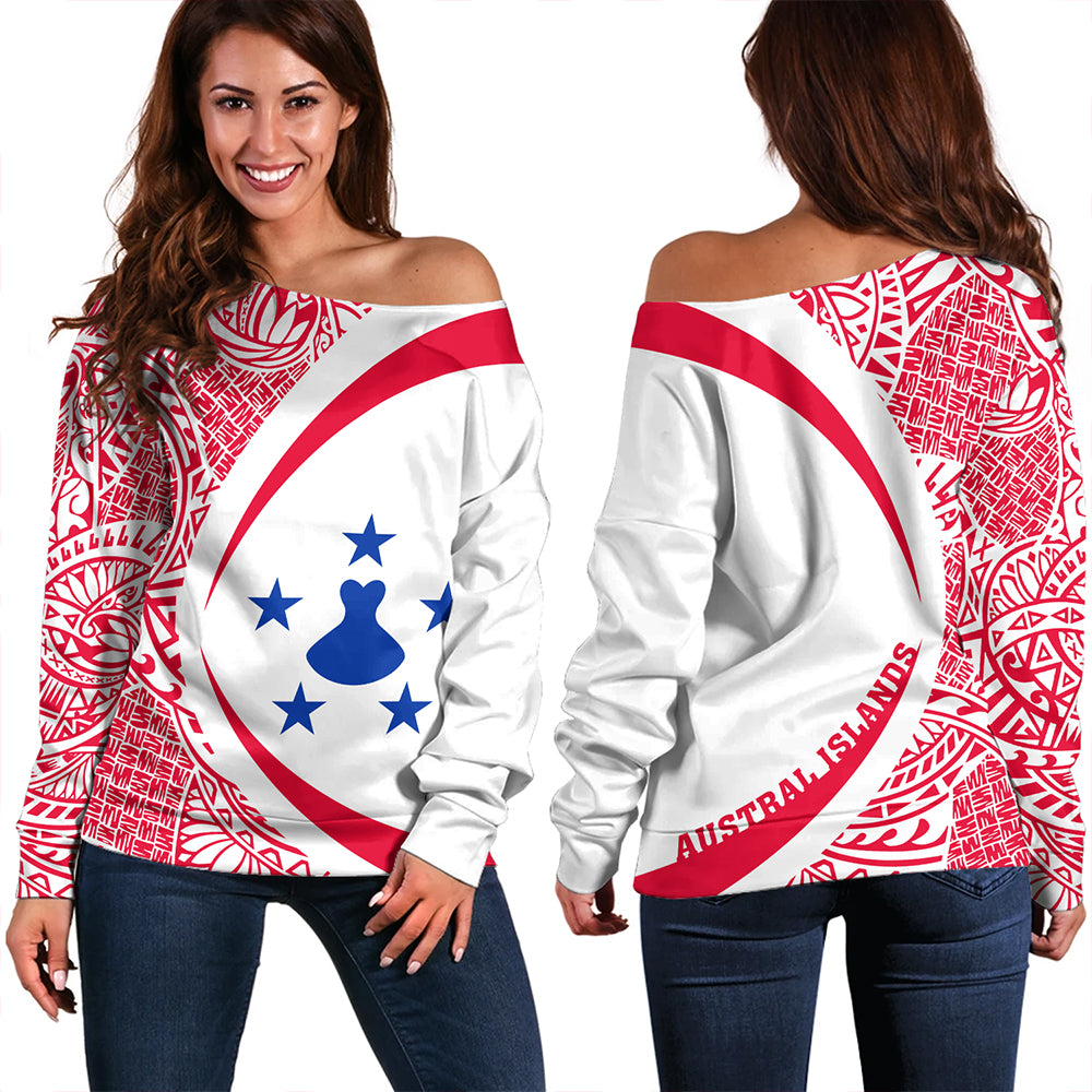 Austral Islands Off Shoulder Sweatshirt Coat Of Arm Lauhala Circle