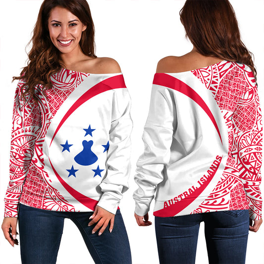 Austral Islands Off Shoulder Sweatshirt Coat Of Arm Lauhala Circle