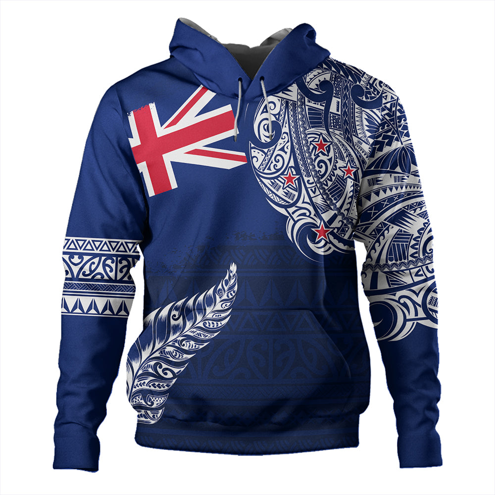 New Zealand Hoodie Aotearoa Maori Tribal Flag With Silver Frern