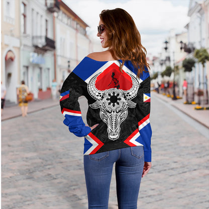 Philippines Off Shoulder Sweatshirt Water Buffalo Sun Tribal Style