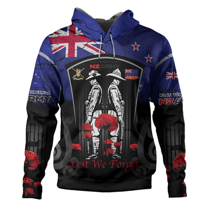 New Zealand Hoodie Custom New Zealand Anzac Day With Poppy Flowers And Traditional Maori Patterns