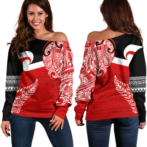 New Zealand Off Shoulder Sweatshirt Tino Rangatiratanga Maori With Silver Fern