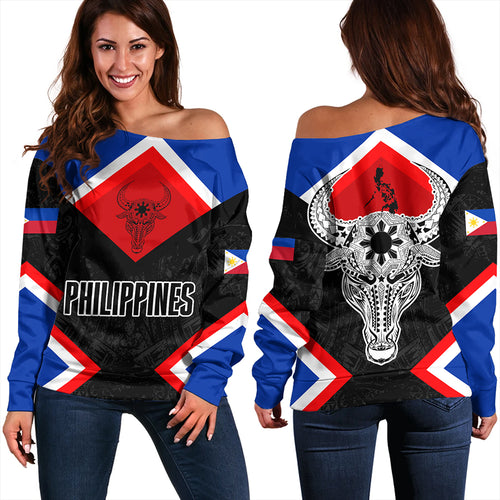 Philippines Off Shoulder Sweatshirt Water Buffalo Sun Tribal Style