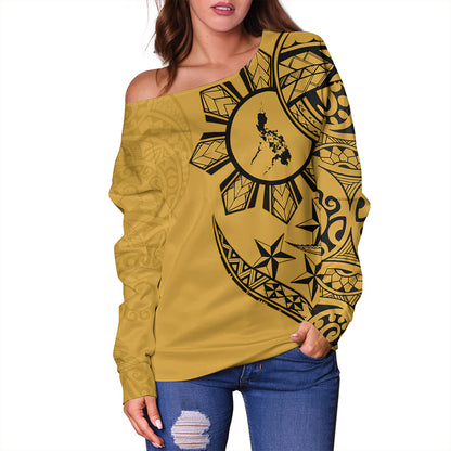 Philippines Off Shoulder Sweatshirt Tribal Sun In My Heart Gold Style