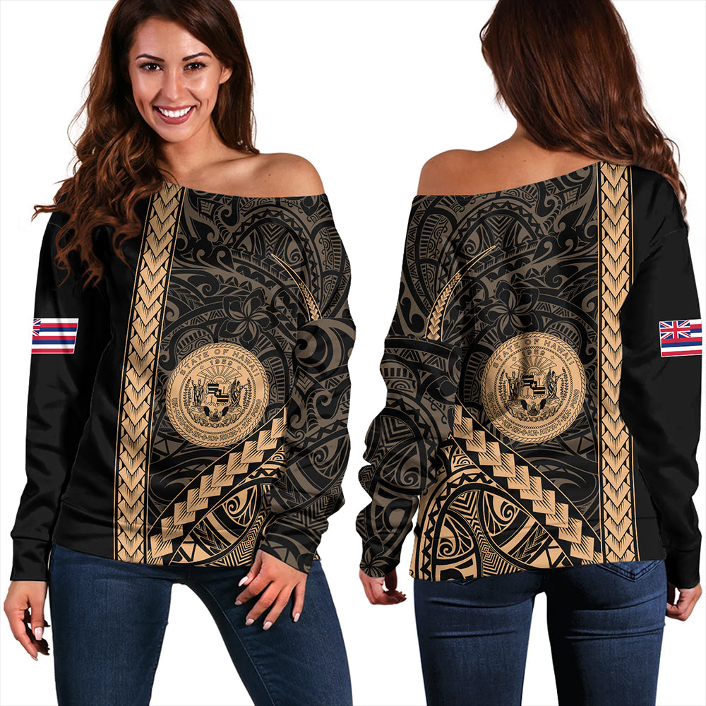 Hawaii Off Shoulder Sweatshirt Tribal Polynesian Coat Of Arms Gold