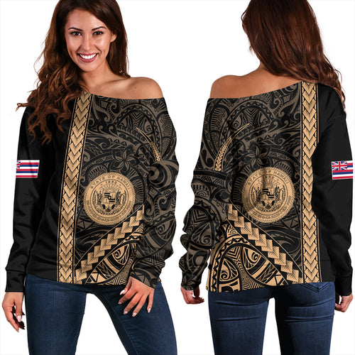 Hawaii Off Shoulder Sweatshirt Tribal Polynesian Coat Of Arms Gold