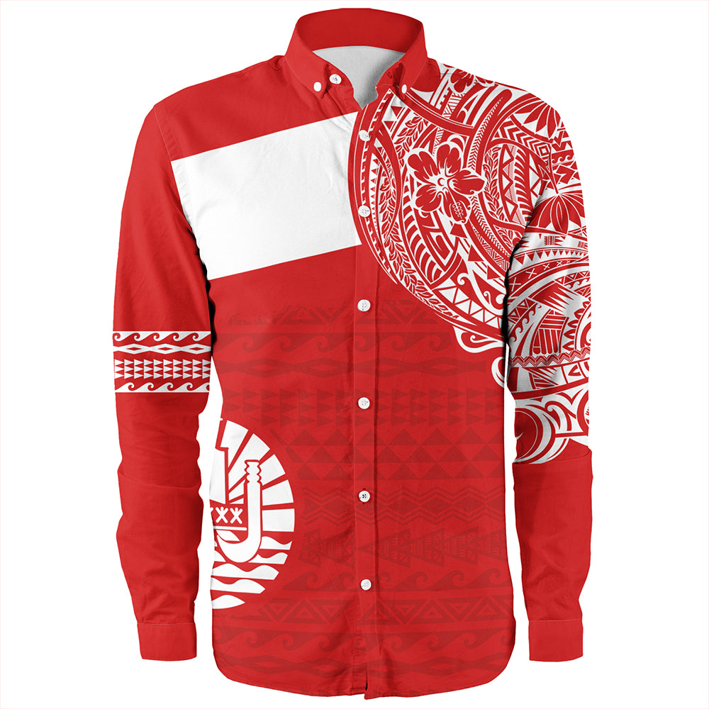 Polynesian Long Sleeve Shirt Tahiti Flag With Coat Of Arms