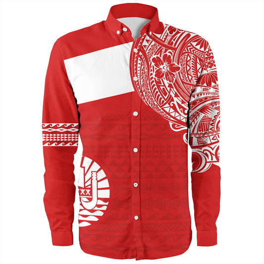 Polynesian Long Sleeve Shirt Tahiti Flag With Coat Of Arms
