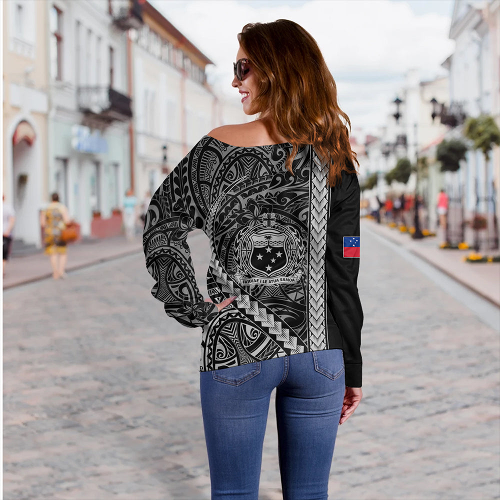 Samoa Off Shoulder Sweatshirt Tribal Polynesian Coat Of Arms White