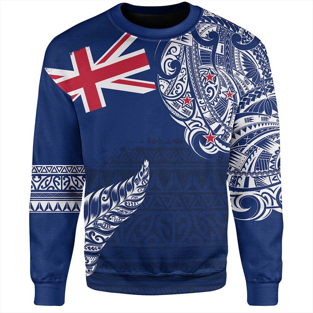 New Zealand Sweatshirt Aotearoa Maori Tribal Flag With Silver Frern