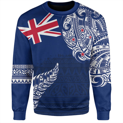 New Zealand Sweatshirt Aotearoa Maori Tribal Flag With Silver Frern