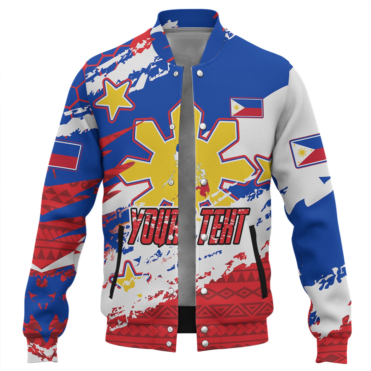Philippines Filipinos Baseball Jacket Custom Filipino Sun 3 Stars Bicolor Flag Tribal Grunge Style