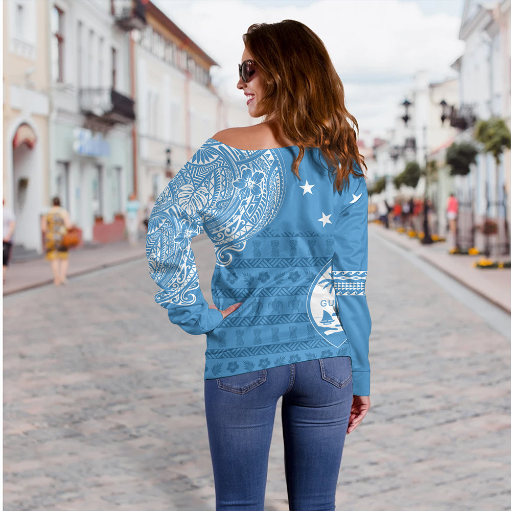 Guam Off Shoulder Sweatshirt Micronesian Flag With Coat Of Arms