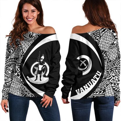 Vanuatu Off Shoulder Sweatshirt Coat Of Arm Lauhala White Circle