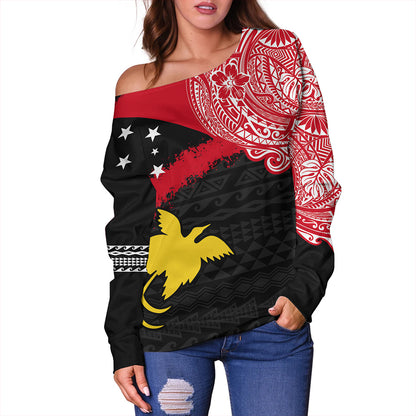 Papua Off Shoulder Sweatshirt Melanesian Flag With Coat Of Arms