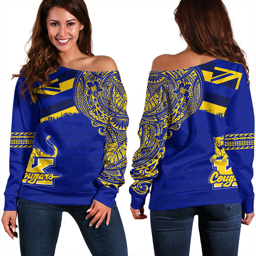 Hawaii Off Shoulder Sweatshirt Henry J. Kaiser High School Flag With Crest Style
