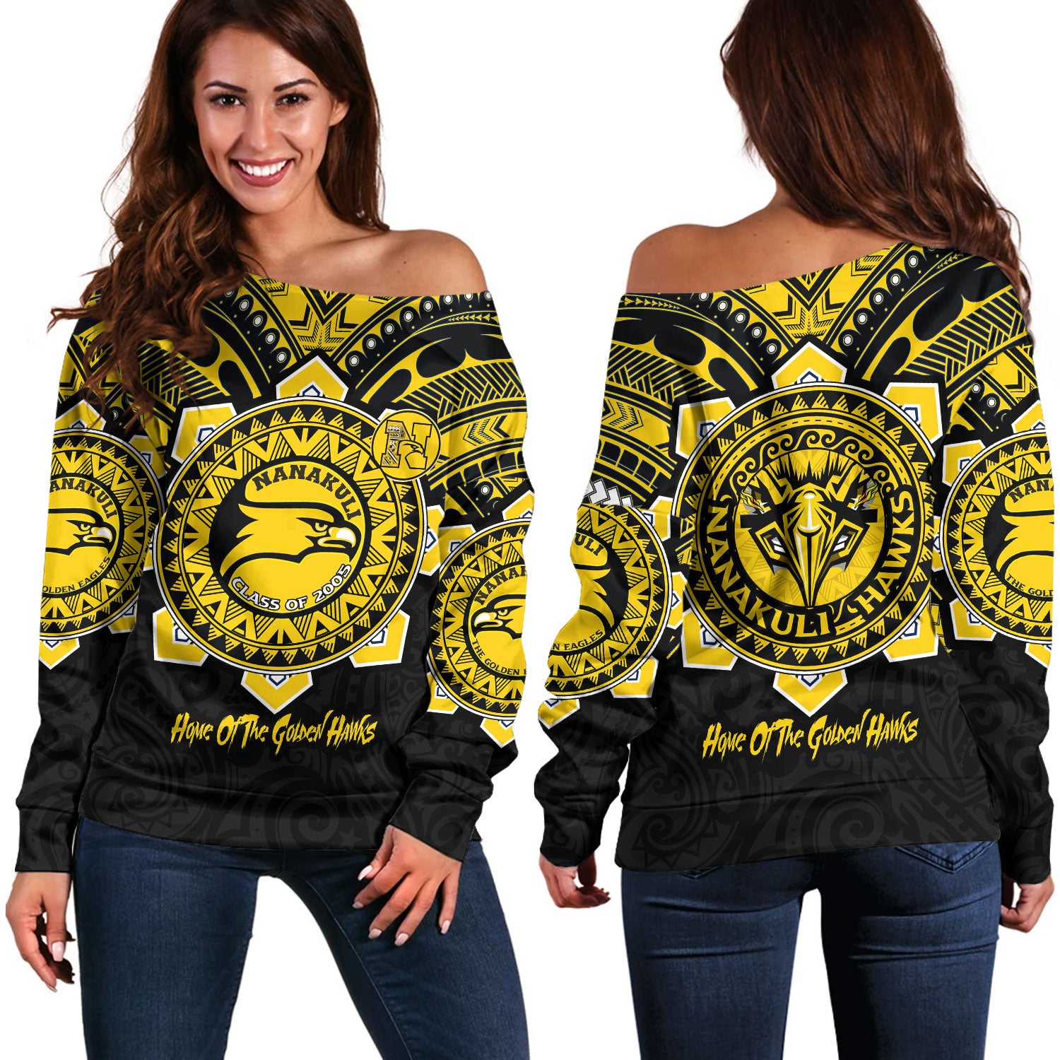 Hawaii Off Shoulder Sweatshirt Custom Nanakuli High & Intermediate School Home Of Golden Hawks Tribal Style