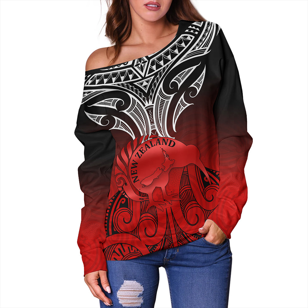 New Zealand Off Shoulder Sweatshirt Maori Kiwi Bird Symbols Map
