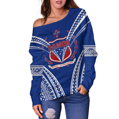 Samoa Off Shoulder Sweatshirt Custom Polynesian Tribal Crest Design