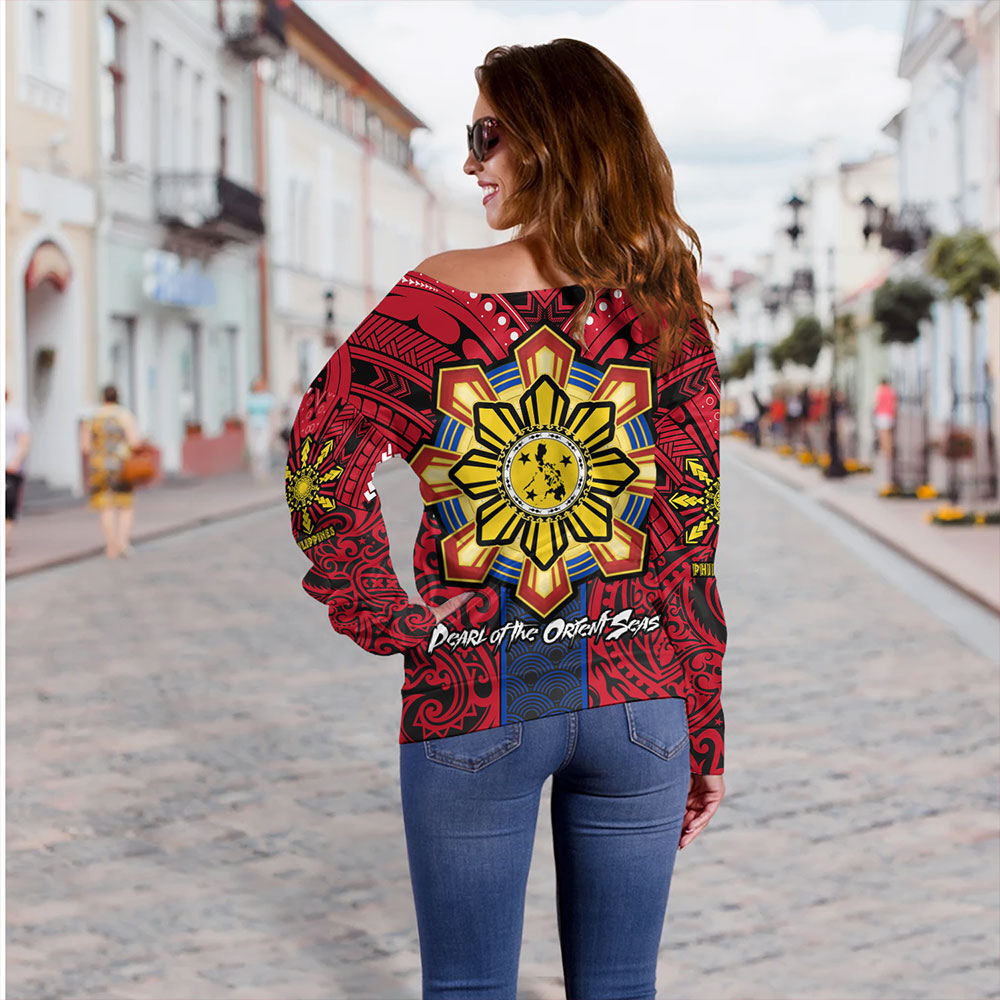 Philippines Off Shoulder Sweatshirt The Story of Lapu-Lapu Pearl of the Orient Seas Tribal Pride