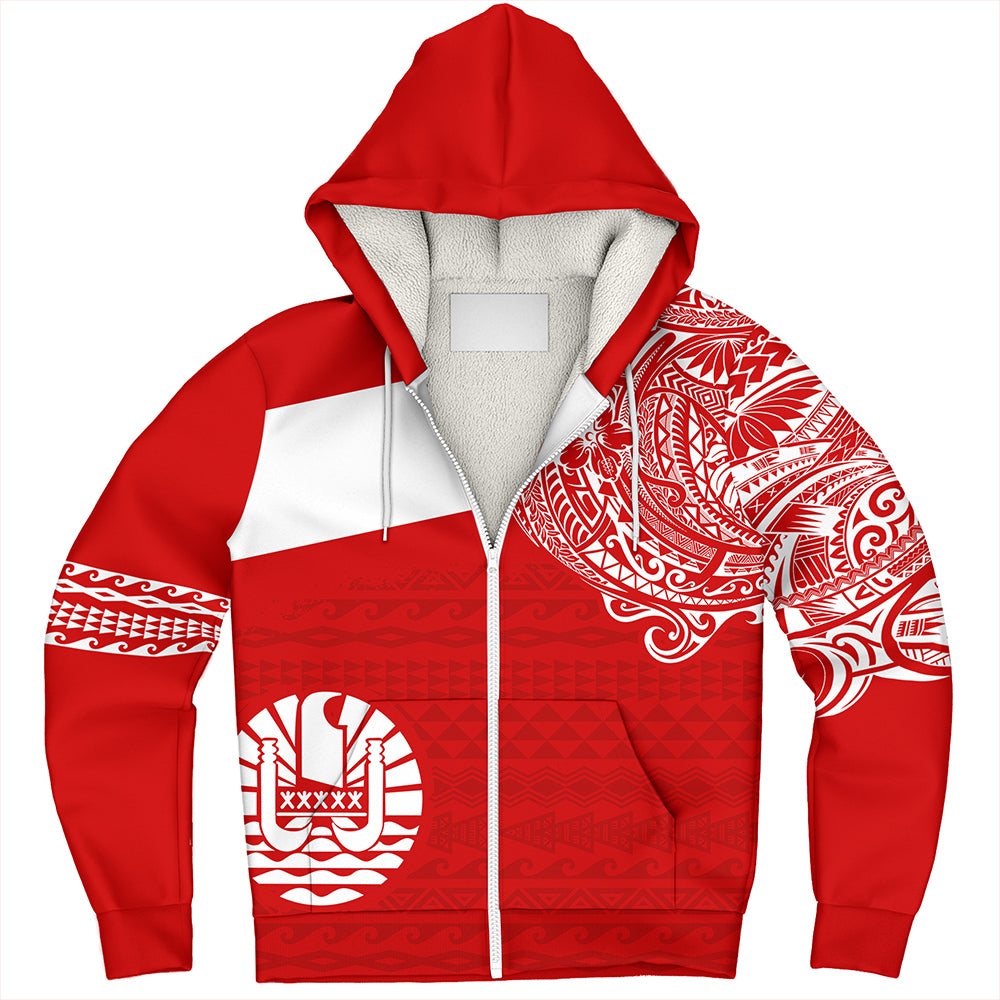 Polynesian Sherpa Hoodie Tahiti Flag With Coat Of Arms